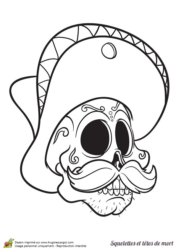 Coloriage Squelette Mexicain Nice Tête De Mort Avec Un sombrero à Colorier